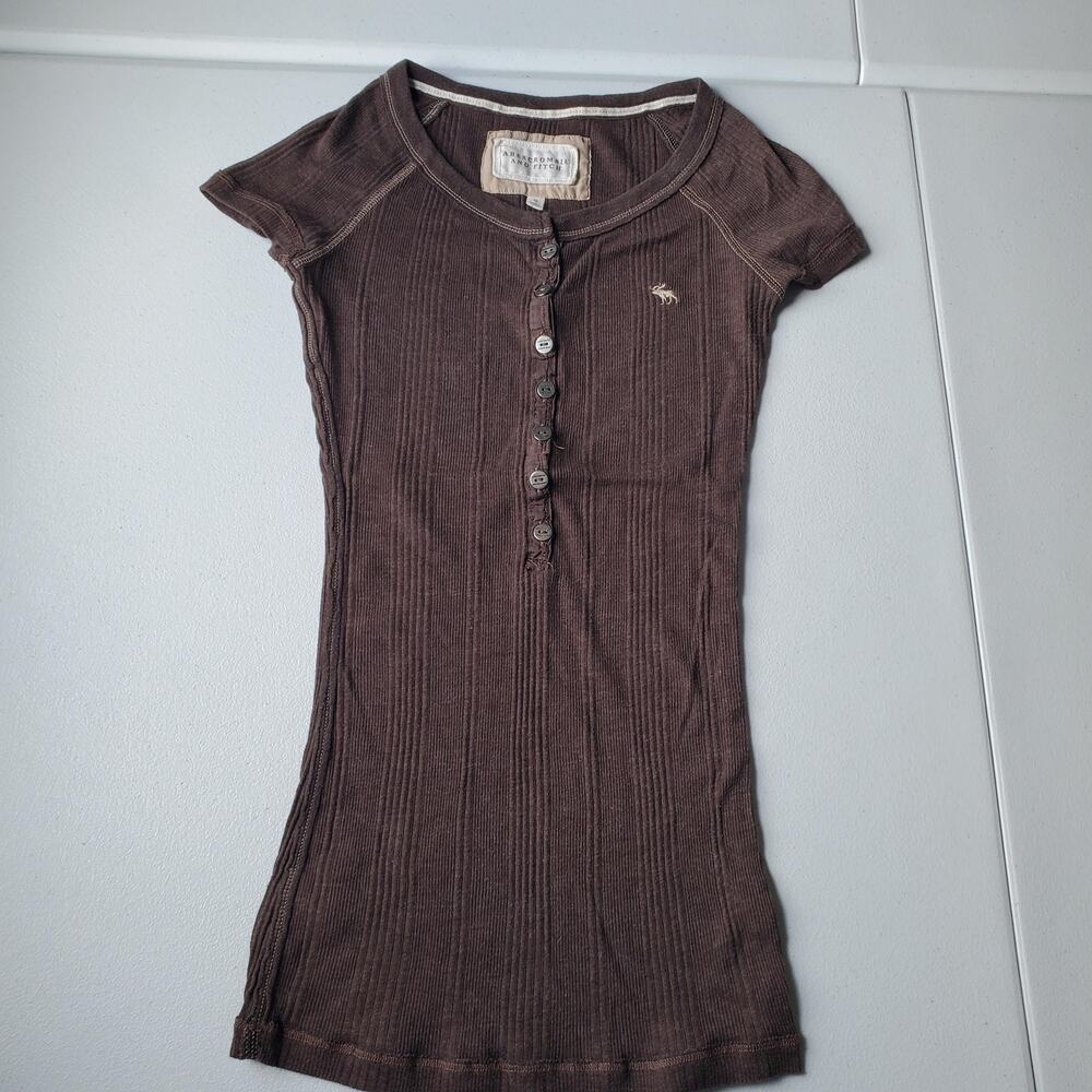 Y2K Abercrombie & Fitch Shirt Womens Medium Brown Ribbed Henley Stretch Tee